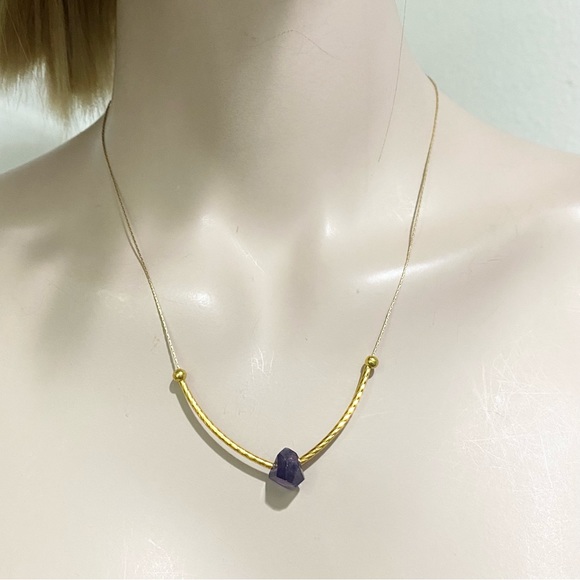 Natural Raw Amethyst Pendant Magnetic Clasp Gold-tone Skinny Chain Necklace - Picture 2 of 12